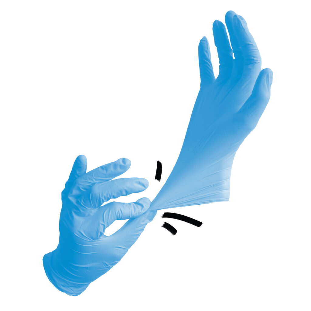 zwei Hände in blauen Hygienehandschuhen. die eine Hand zieht der anderen den Handschuh noch fest. An dieser stelle hat es schwarze Striche um die Bewgung zu markieren