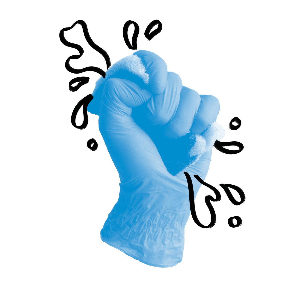 Eine Hand in blauem Hygienehandschuh macht eine Faust und drückt dabei auf einen Küchenschwamm in Blautönen. mit schwarzem Marker sind darum die Spritzer aus dem Schwamm gezeichnet