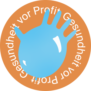 Das Logo von Gesundheit vor Profit, auf einem Orangen runden hintergrund ist ein blauer Handschuh aufgeblasen gezeichnet, ringesherum steht der Name der Gruppe zuanfang erwähnt
